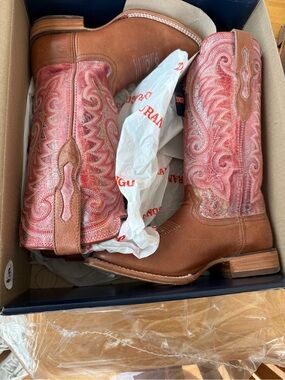 Durango Brown Leather Western Boots with Pink Embroidered Tawney English Rose